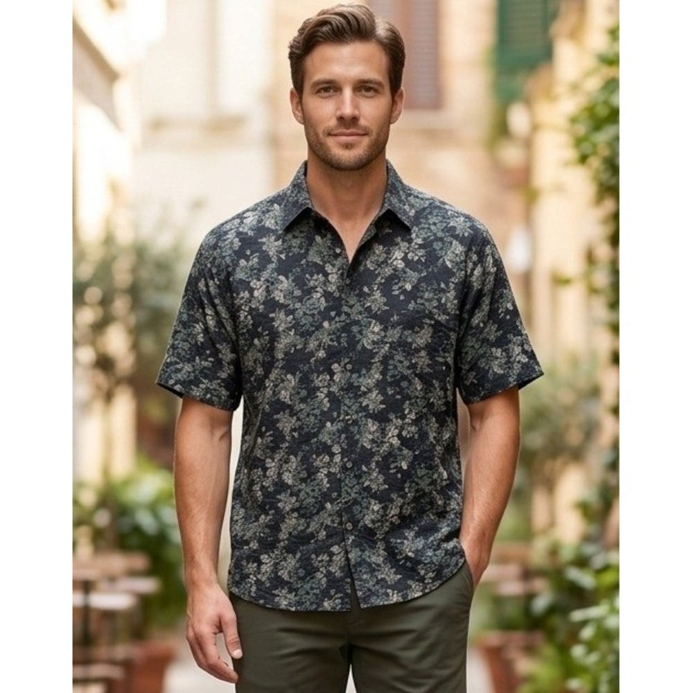 Firethorn Silver Button Up Shirt Men's M Casual 100% Silk Black Floral Preppy